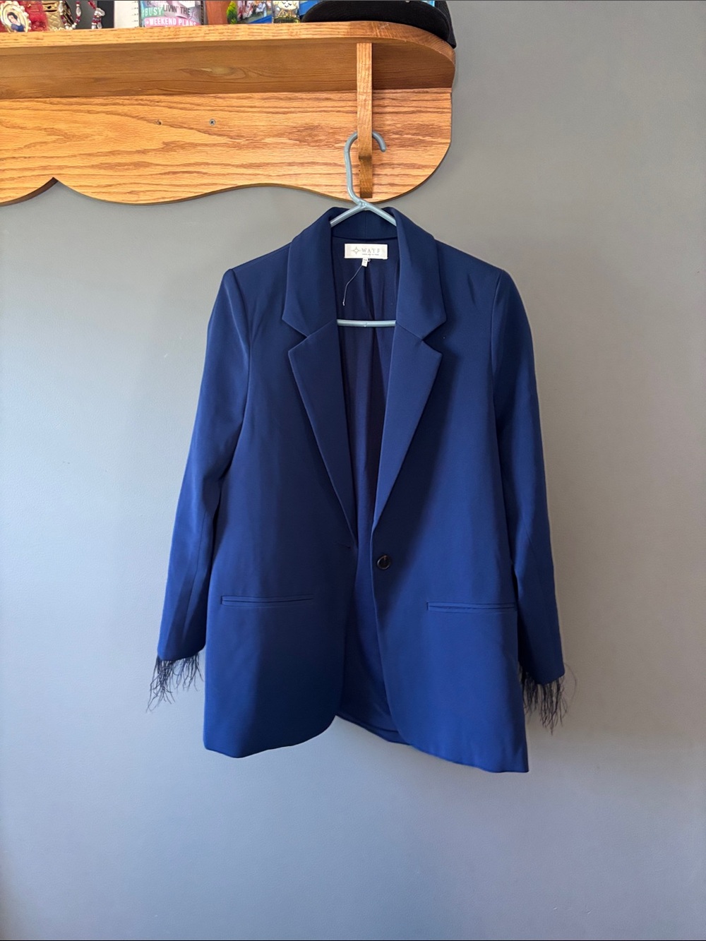 Aqua Navy Blue Feather-Trim Blazer